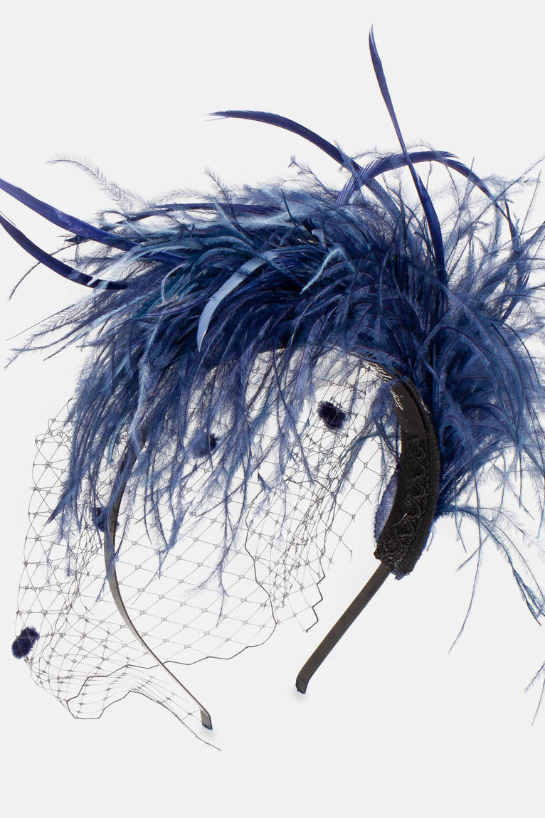 DIADEMA  PLUMAS Y VELO AZULES