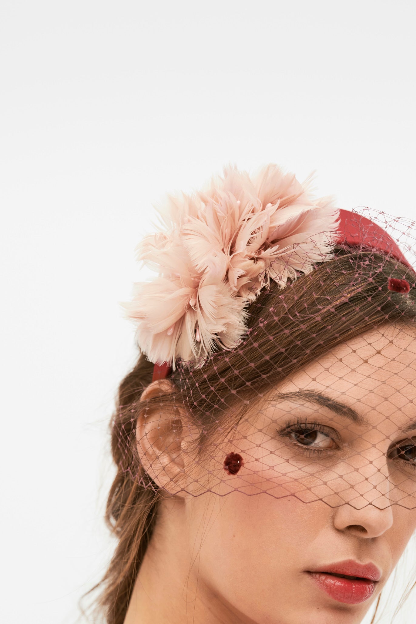 DIADEMA CON PLUMAS DE HORTENSIA NUDES Y GRANATES